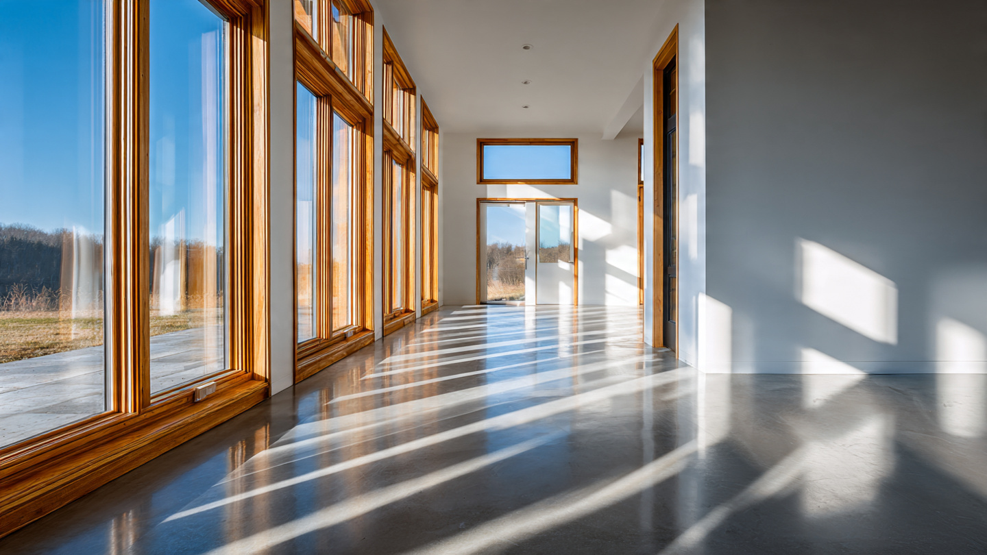 A bright, minimalist Passive House interior with floor-to-ceiling triple-pane windows, warm wood finishes, and crisp afternoon light casting long shadows across a polished concrete floor