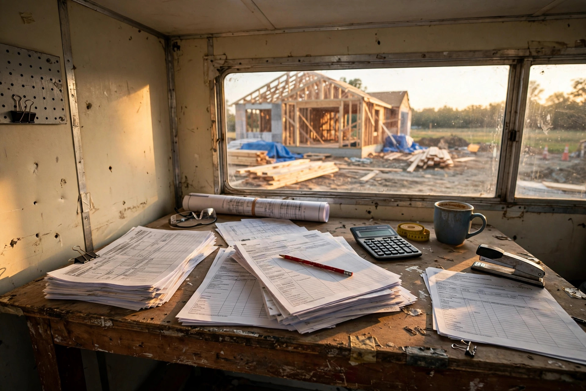 A project manager reviewing a stack of payment applications at a job site trailer desk, red pencil in hand, with the framed house visible through the window