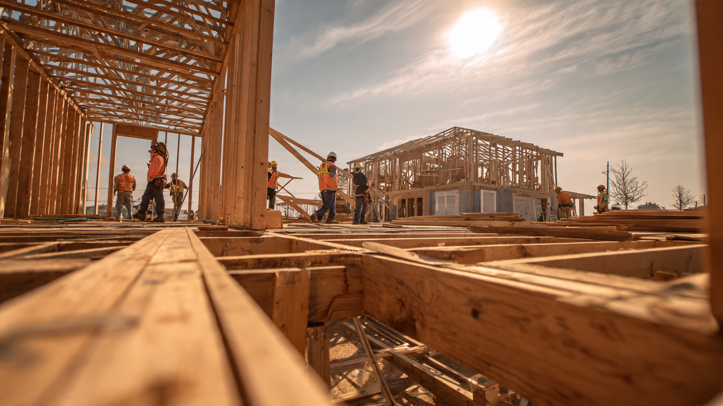 Construction workers on a residential framing job site, some wearing hard hats and others without safety gear, morning light casting long shadows across exposed lumber