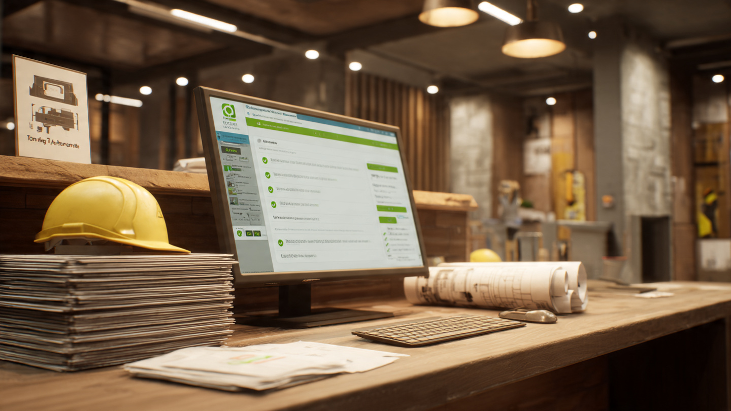 A building permit office counter with AI document checking interface