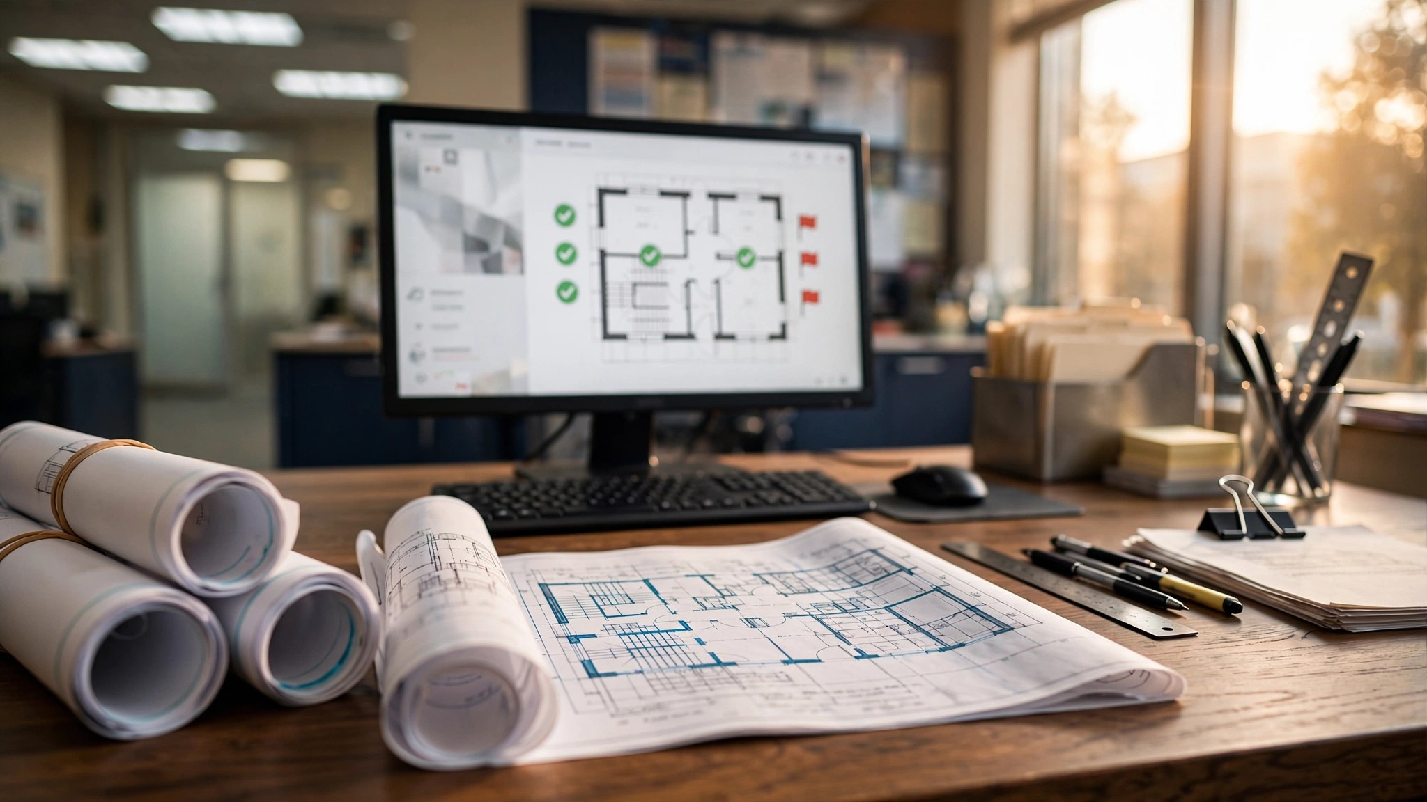 A municipal building department counter with stacks of architectural blueprints and a computer screen showing automated code compliance results with green checkmarks and red flags