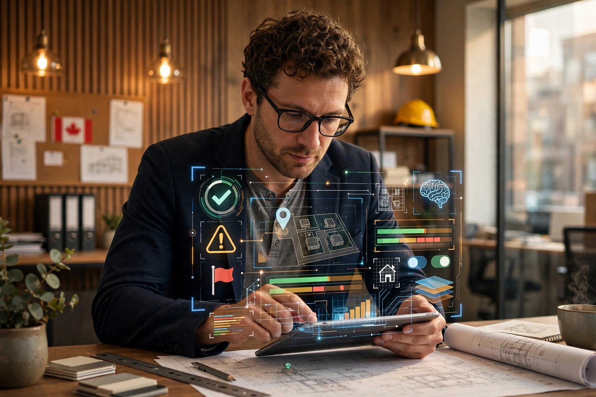 Architect reviewing residential building plans on tablet with AI code compliance overlay showing zoning checks and Ontario Building Code flags in modern permit office