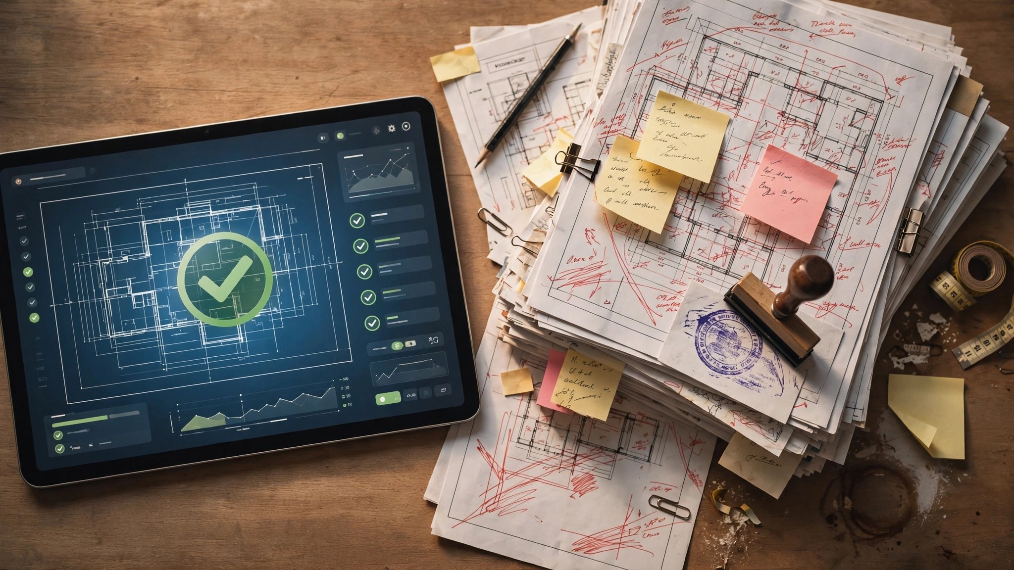 A building plan document on a desk with AI analysis overlay on one section while the rest of the pages remain unmarked, a city reviewer's red pen resting on the untouched pages