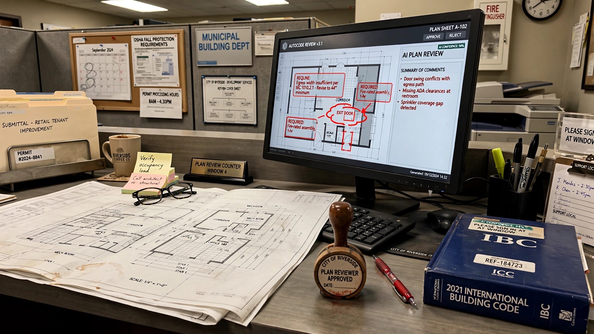 A municipal building department counter with architectural plans spread across it, a computer screen showing AI-generated redline markups overlaid on blueprints, fluorescent office lighting