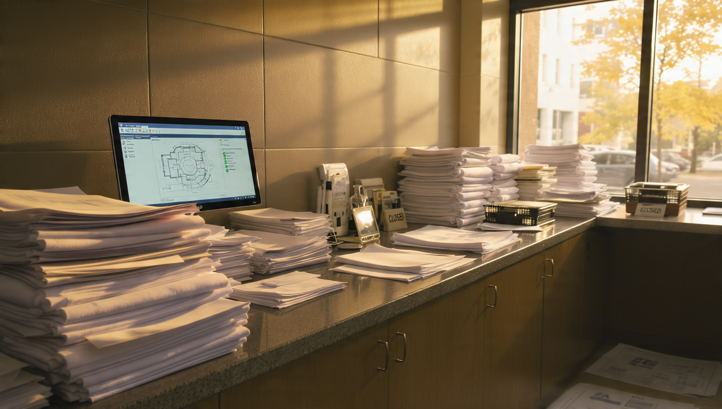 An empty municipal permitting office with a single AI terminal glowing at an unoccupied desk, stacks of paper plans piled beside it