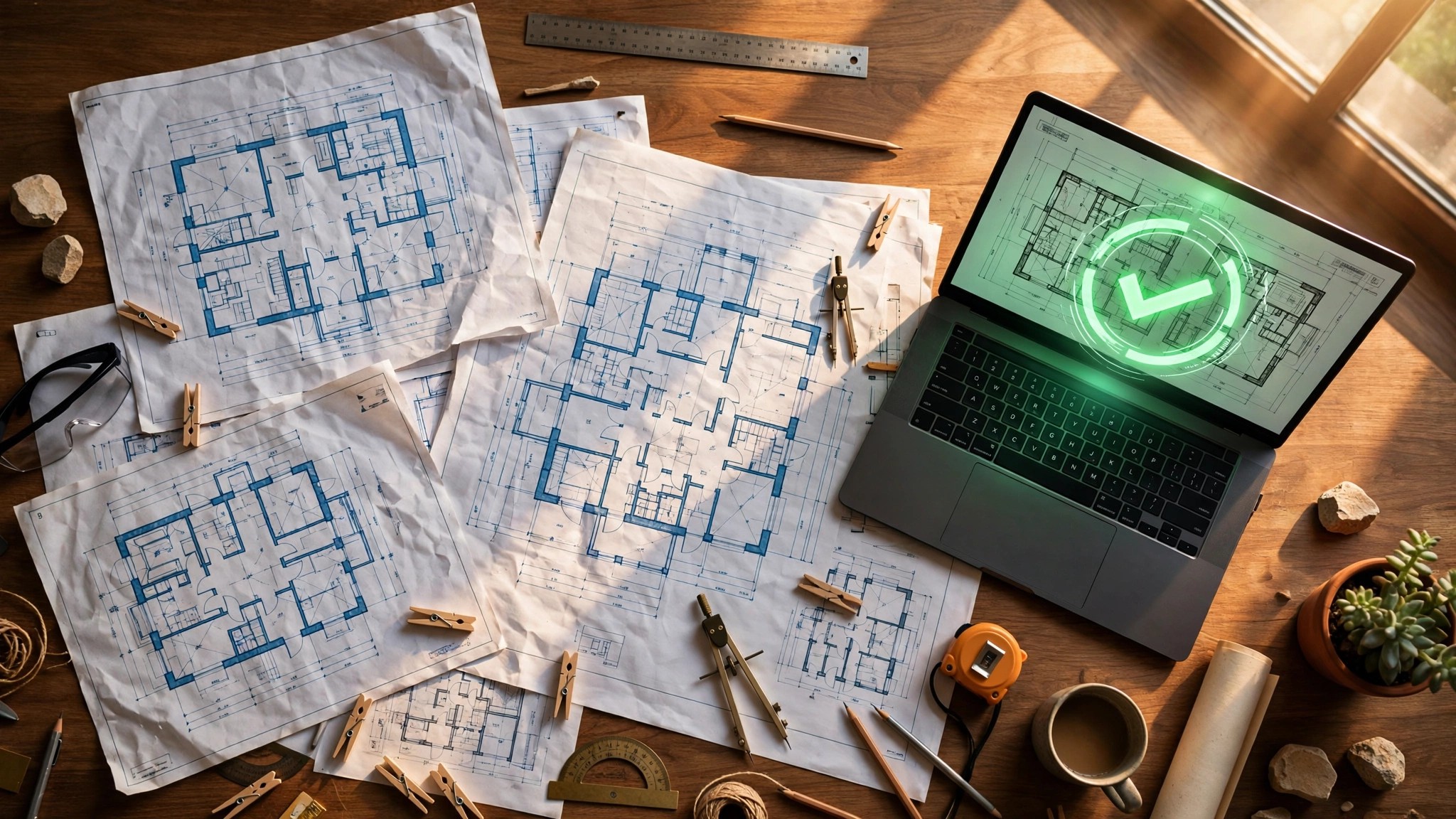 Architect's desk with blueprints and a laptop showing AI compliance review