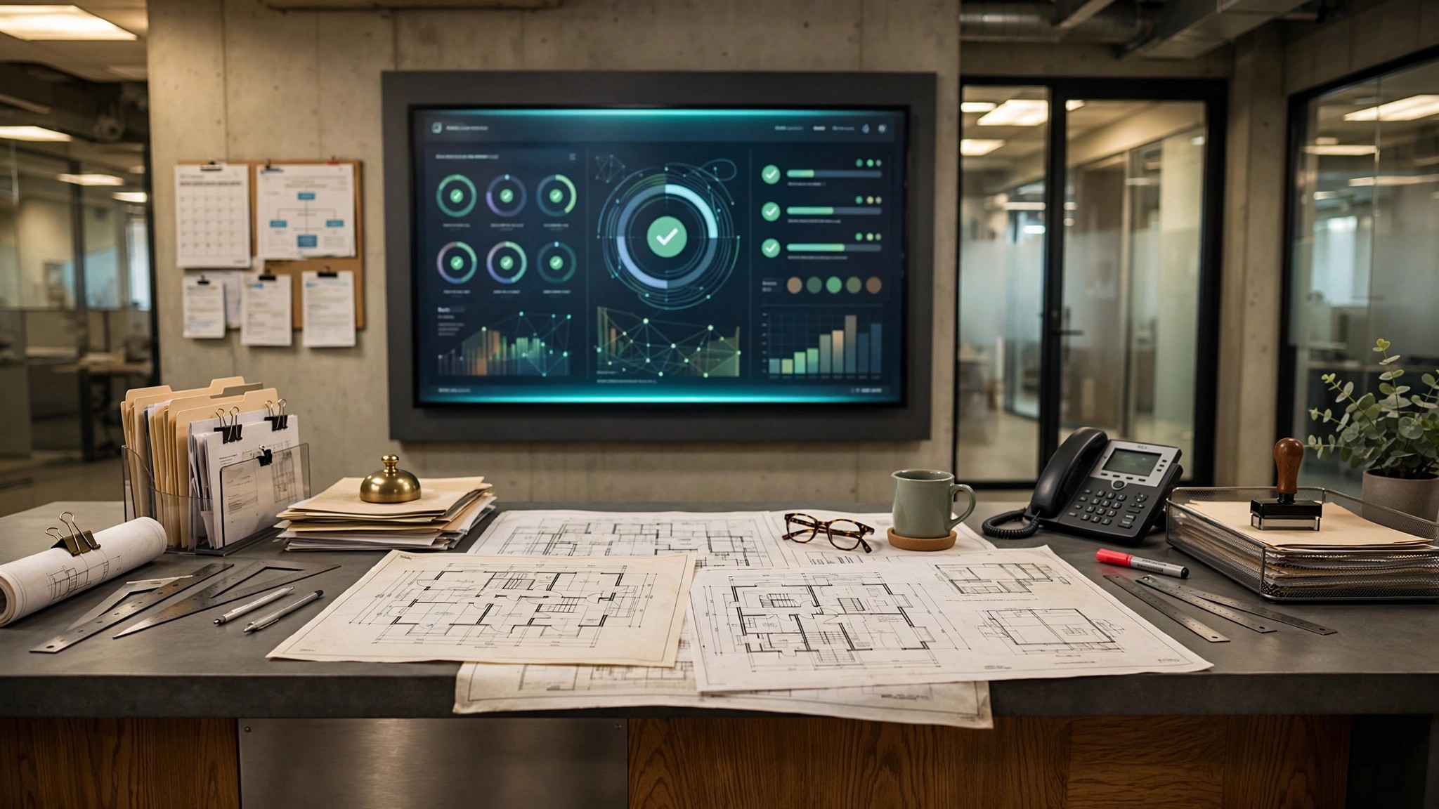 A city building department counter with architectural plans and an AI code-compliance dashboard