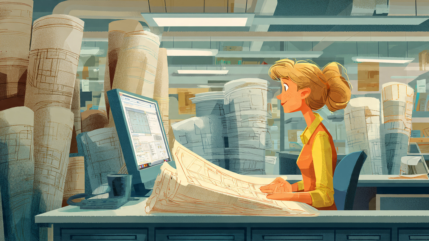 A building department counter with stacks of architectural drawings and a computer screen showing automated code compliance checks, fluorescent lighting overhead