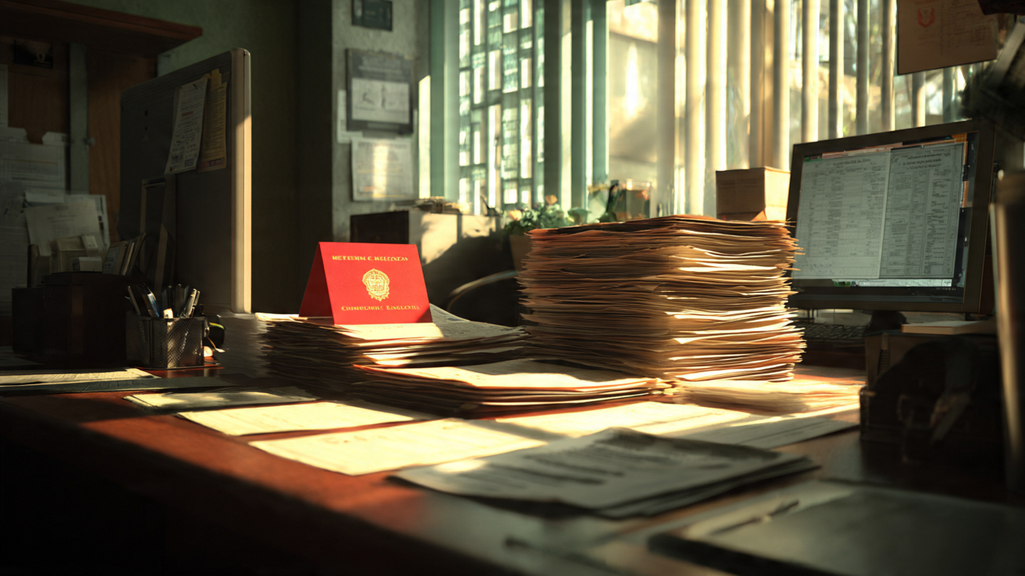An empty government office desk with stacked permit applications, a retirement card propped against a computer monitor, and a red REJECTED stamp sitting unused beside a keyboard