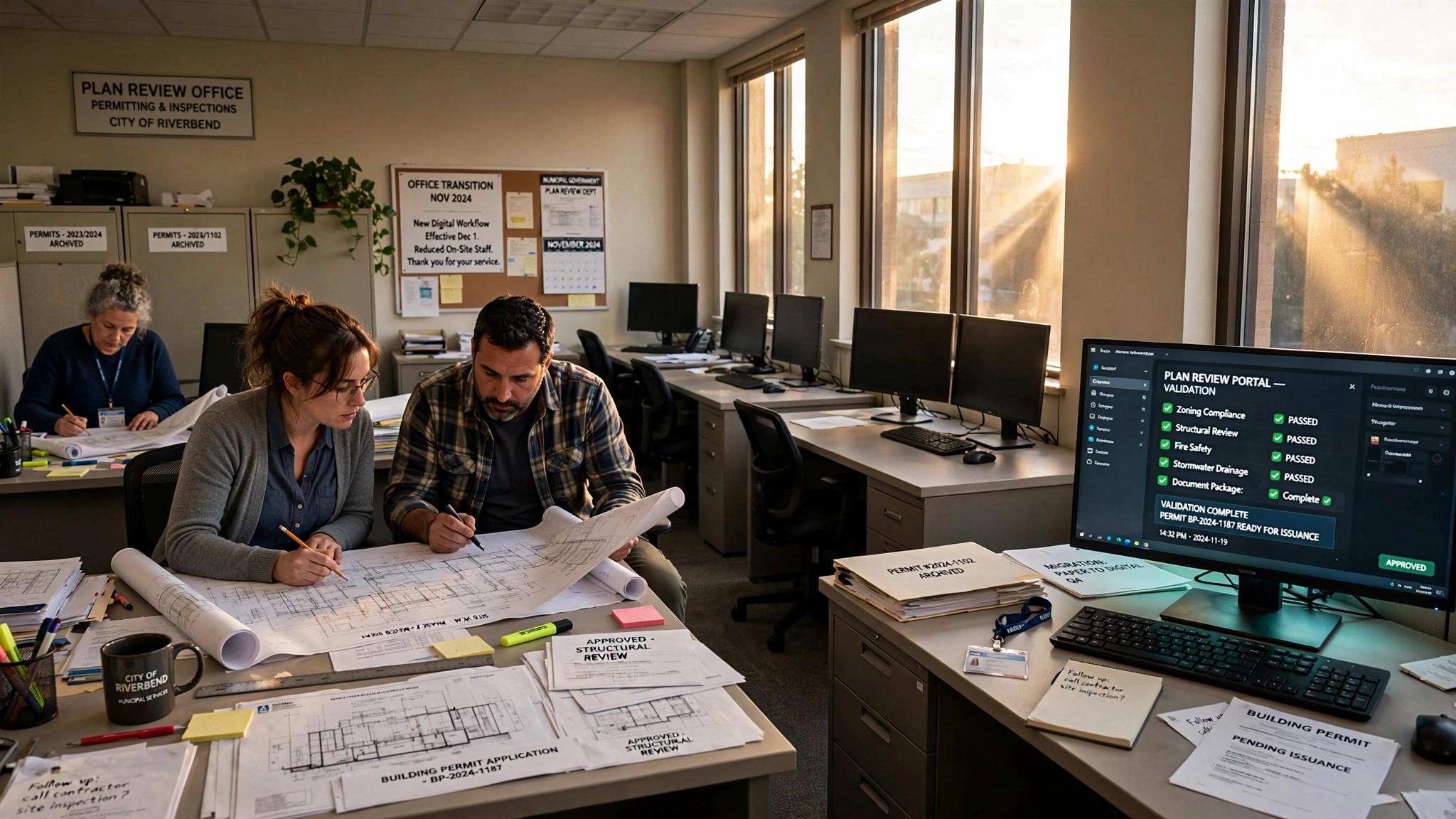 An empty government office cubicle with architectural blueprints spread across the desk and a computer screen showing an AI plan review interface
