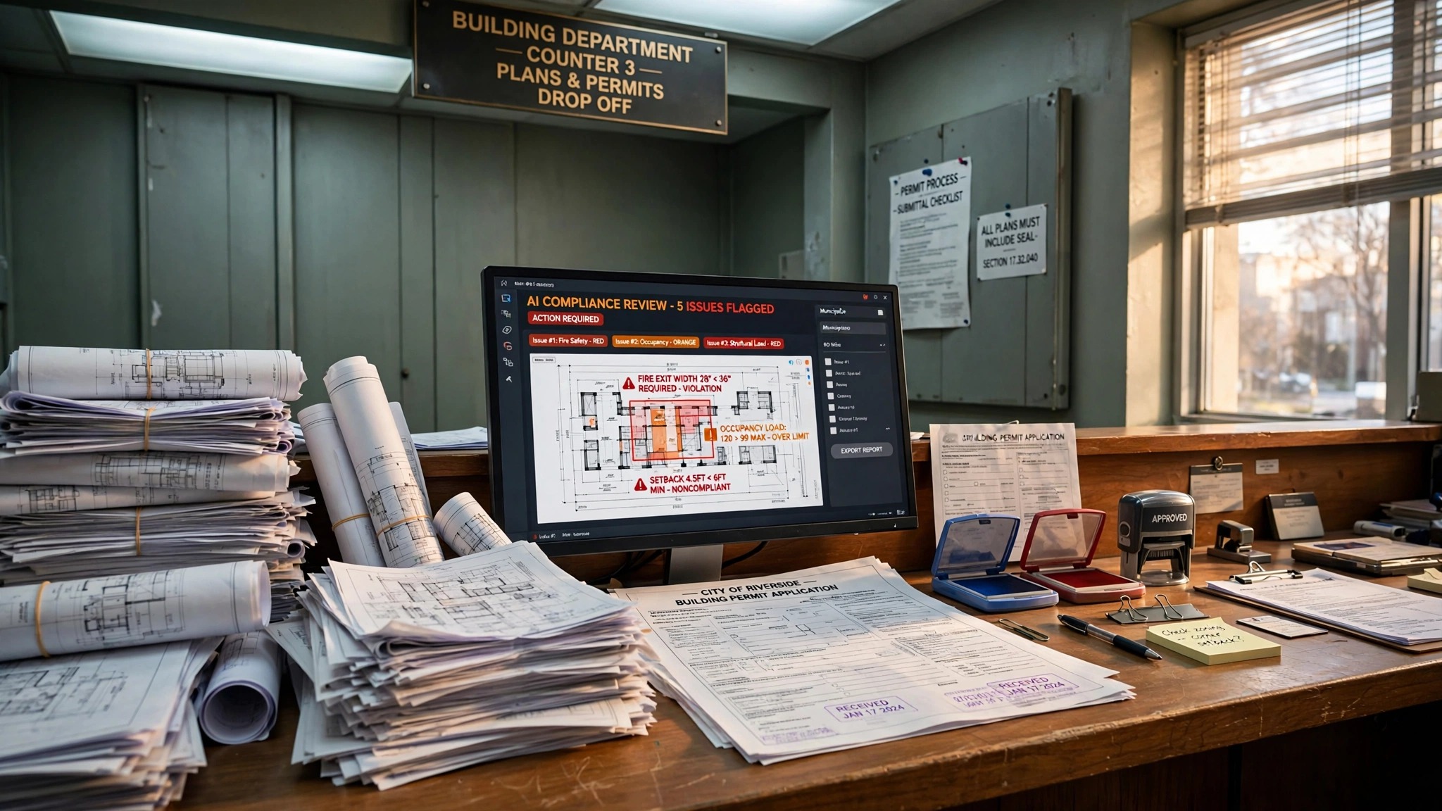 A municipal building department counter with stacks of architectural plans and permit applications, fluorescent lighting, a digital screen showing AI-flagged compliance issues overlaid on a building plan drawing