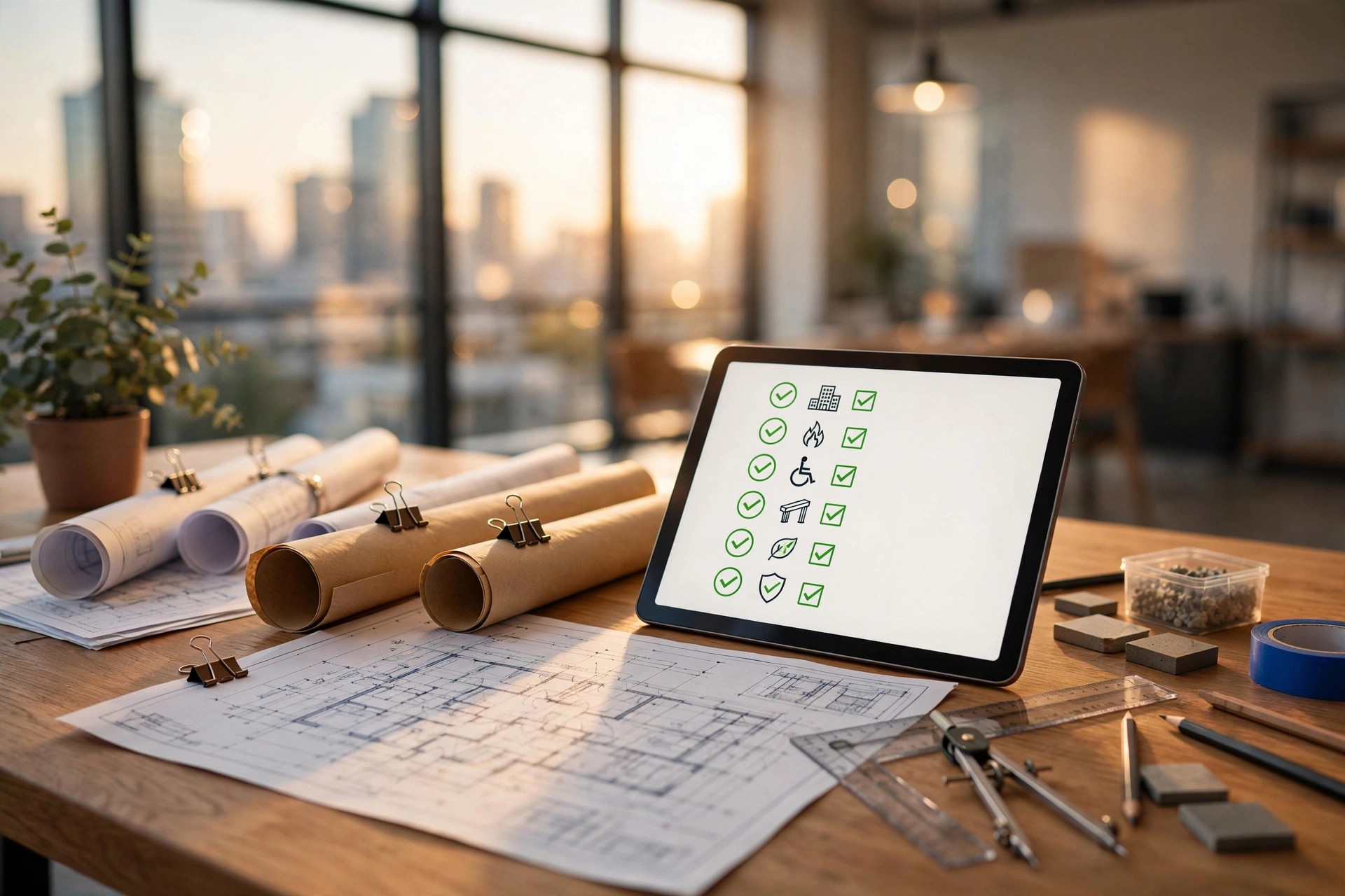 Modern city planning department with architectural blueprints spread on table, digital tablet showing code compliance overlay, warm afternoon light