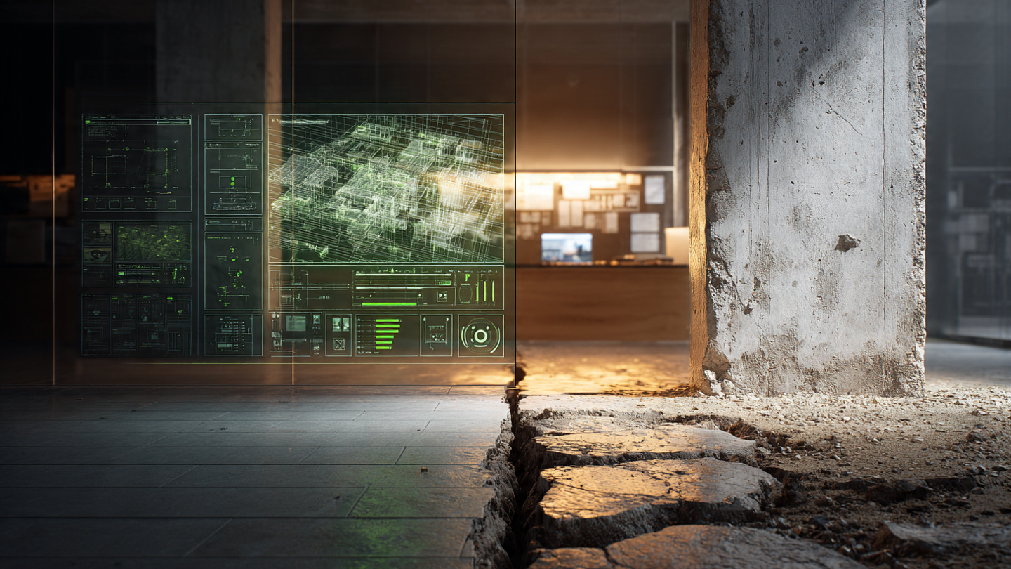 City permitting office with glowing AI interface reviewing architectural blueprints alongside stacks of paper building codes