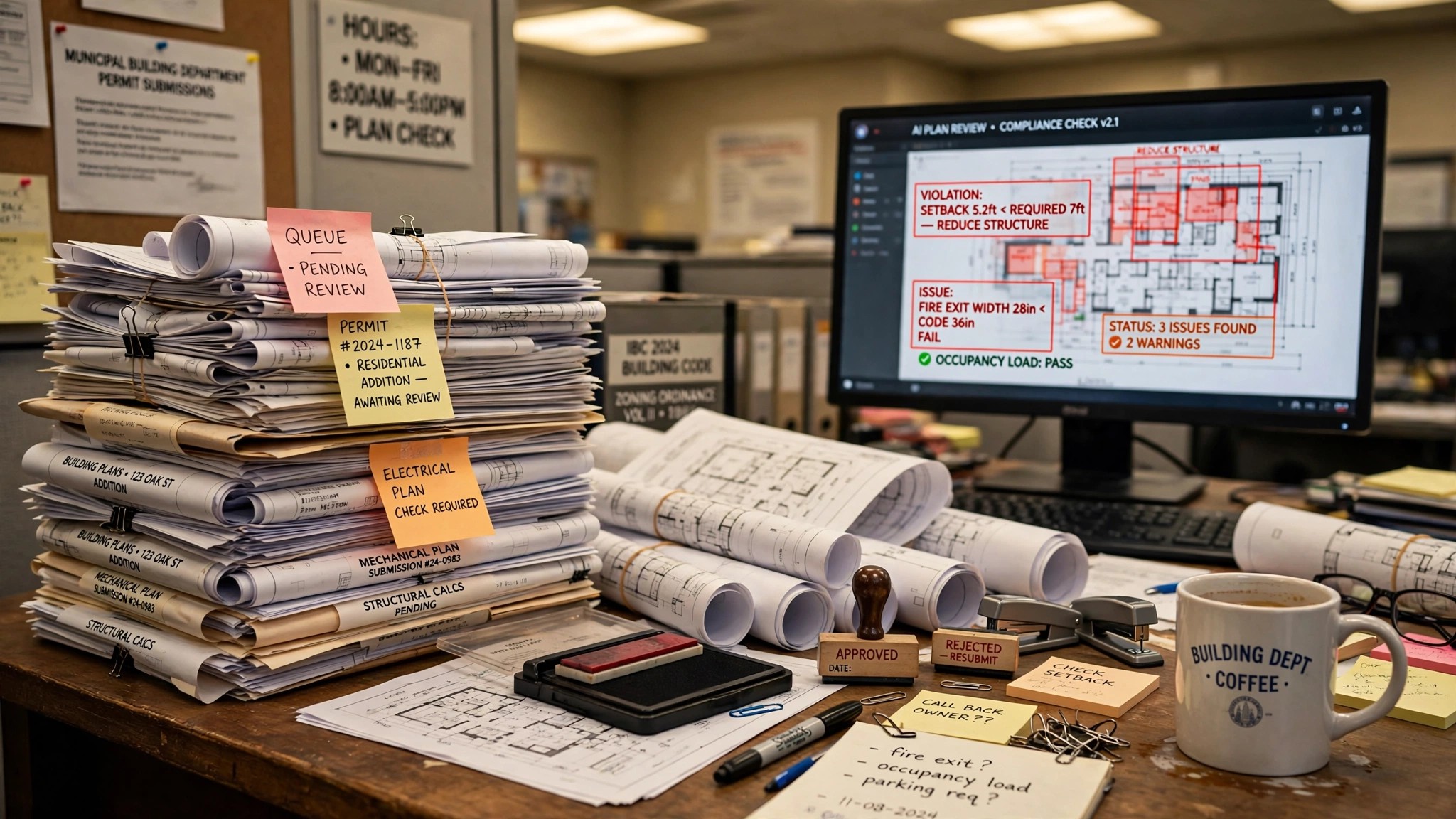 A stack of building plans on a municipal desk, an AI screen glowing beside an empty reviewer's chair