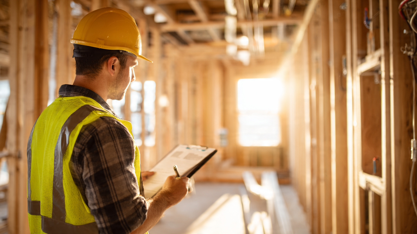 A building inspector holding a clipboard stands in a partially framed residential construction site, examining exposed electrical wiring and plumbing rough-ins with morning light streaming through unfinished window openings