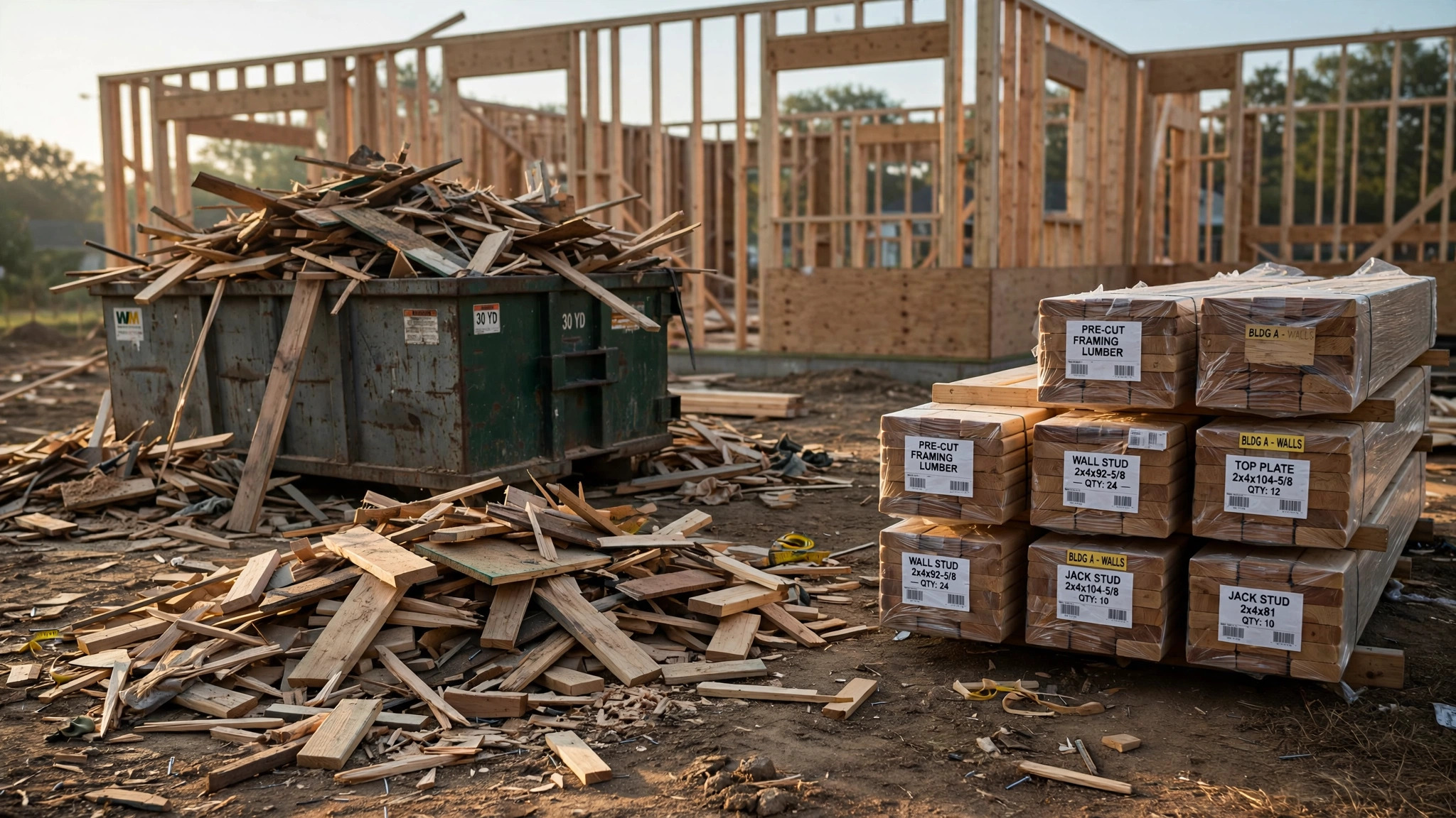 Construction site with lumber waste and pre-cut framing bundles