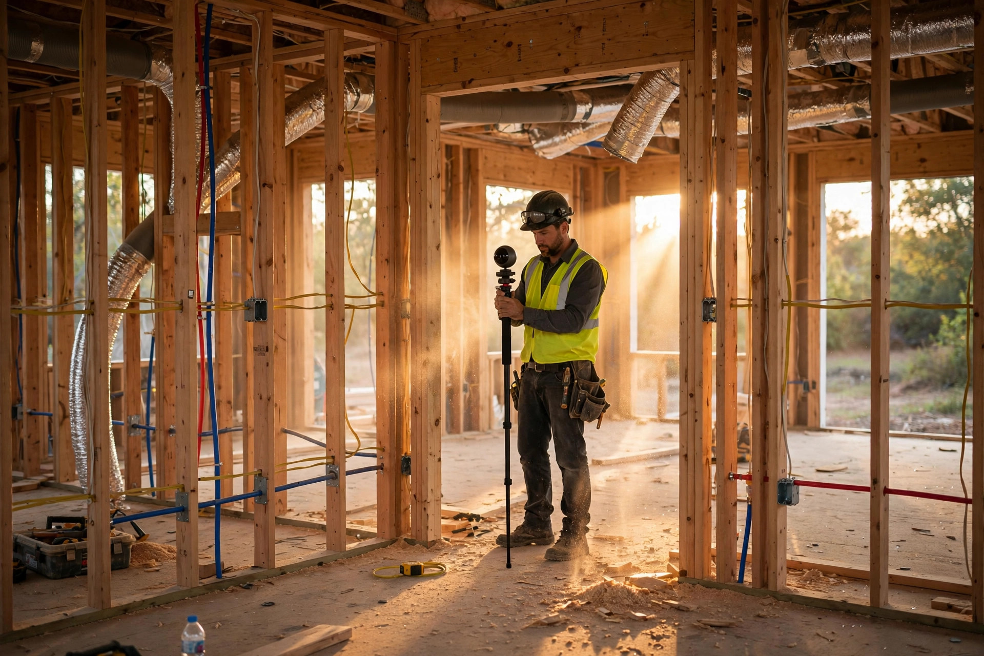 Construction worker capturing a 360 scan of open wall framing with visible wiring and plumbing before drywall installation