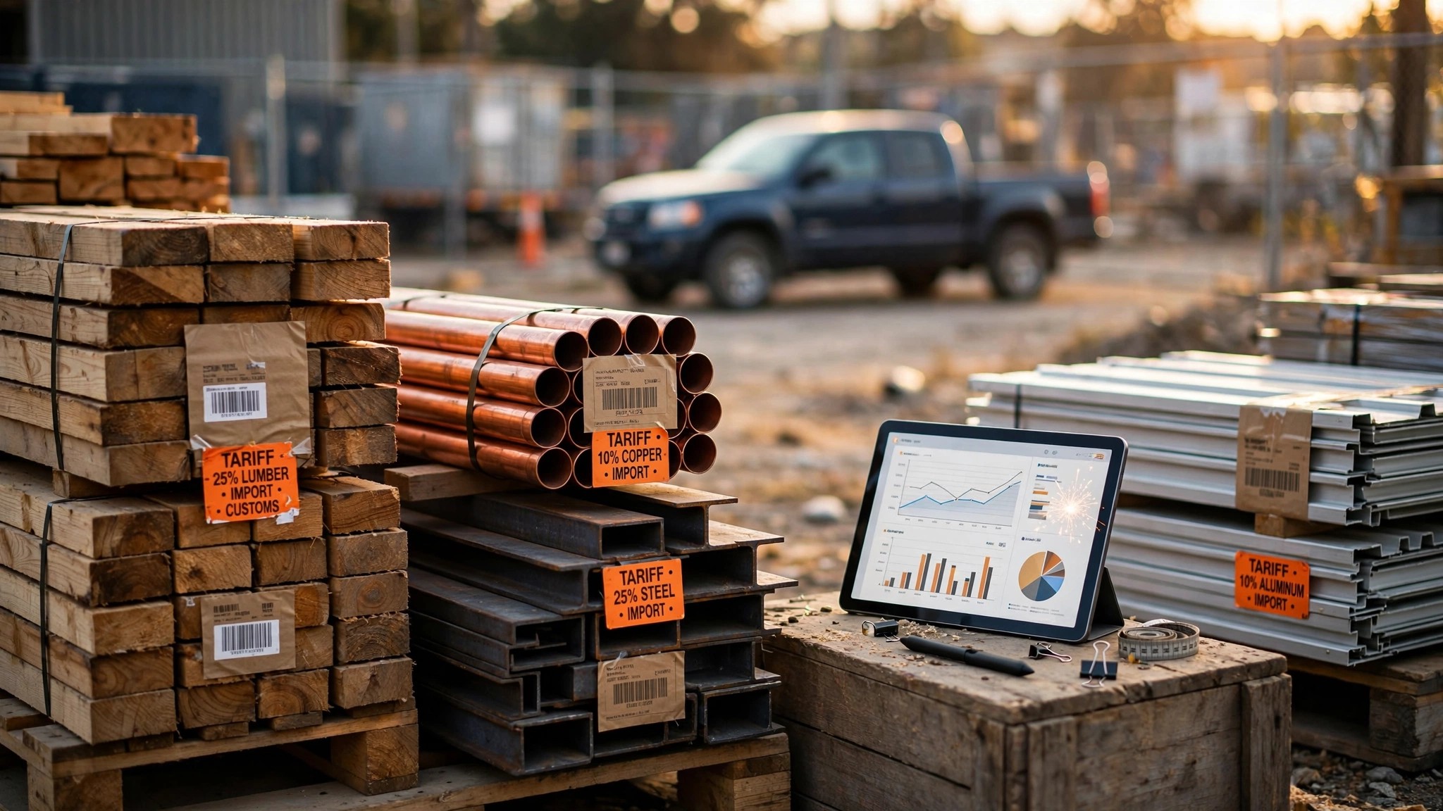 Stacked construction materials on a job site with price tags and shipping labels visible