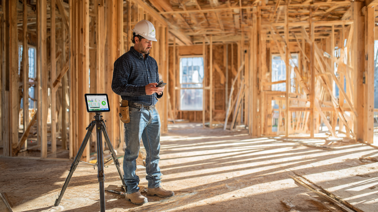 A residential construction superintendent standing in a half-framed house, holding an iPhone and looking skeptically at a promotional flyer for AI progress tracking software