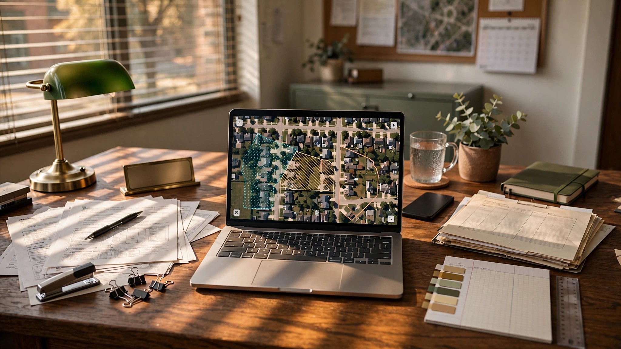 A county assessor's desk with a laptop displaying aerial satellite imagery of suburban homes overlaid with colored assessment boundaries, property tax documents scattered nearby