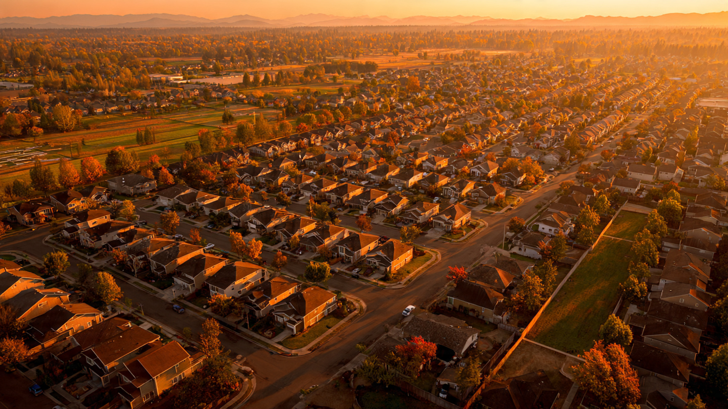 Aerial view of an American suburban neighborhood at sunset