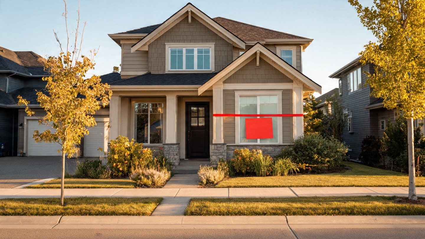 Suburban new construction home with a property tax assessment notice on the front door, warm afternoon light across fresh landscaping