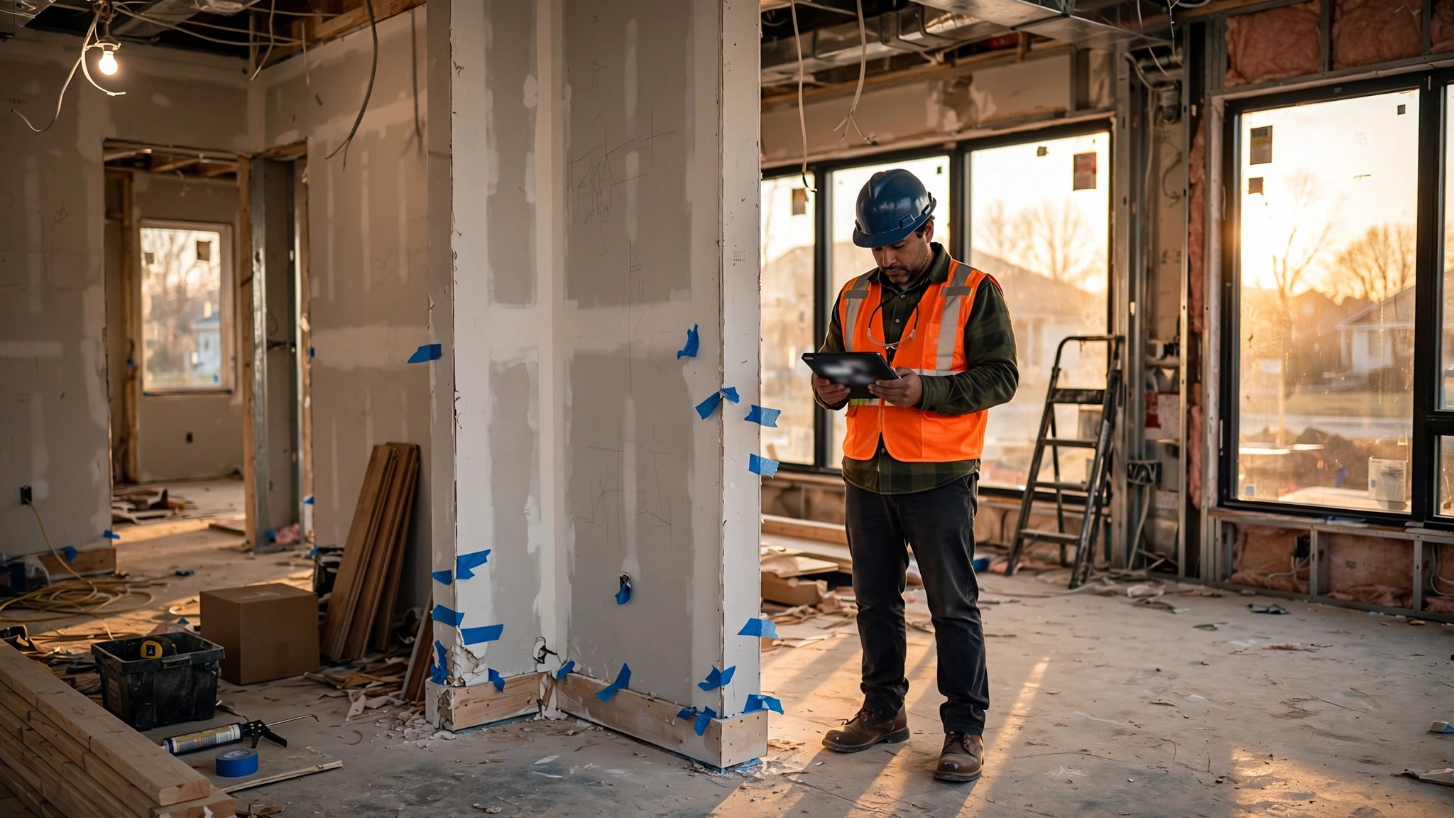 A construction superintendent reviewing a punch list on a tablet while standing in an unfinished residential interior with exposed drywall and blue painter's tape marking deficiencies
