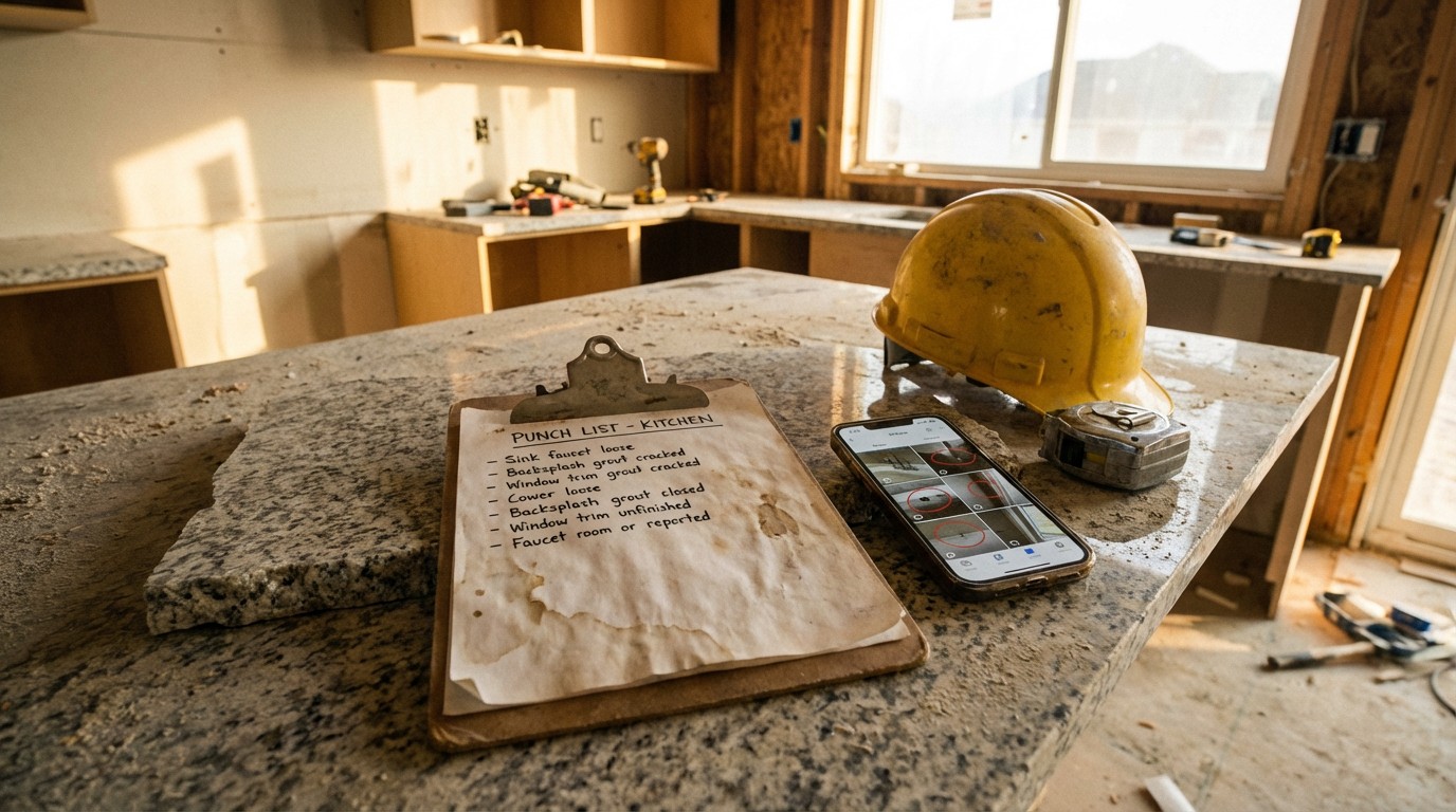 A superintendent's clipboard resting on an unfinished kitchen countertop, handwritten punch list visible, smartphone with photo documentation app open beside it