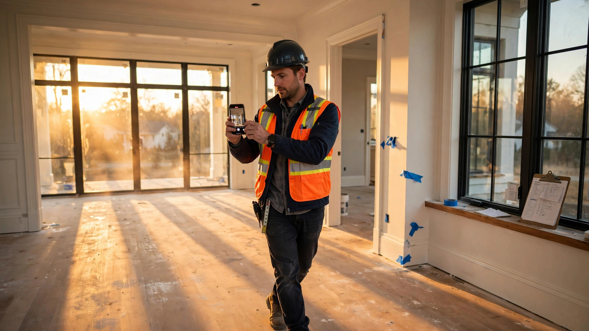 A superintendent walking through a nearly finished home, phone held at chest height recording video, late afternoon light through bare windows casting long shadows across unfinished hardwood floors