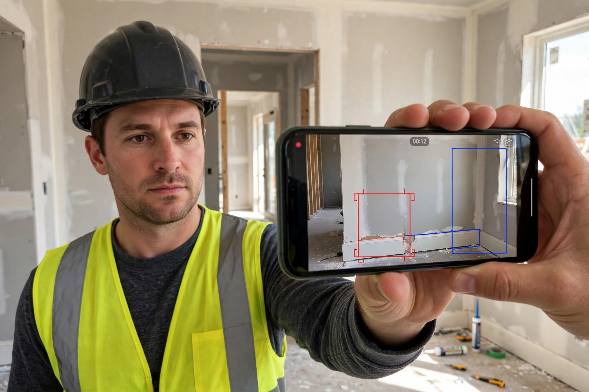 A superintendent filming a walkthrough video on a smartphone inside a nearly finished home, with AI callouts marking paint defects and trim gaps on screen