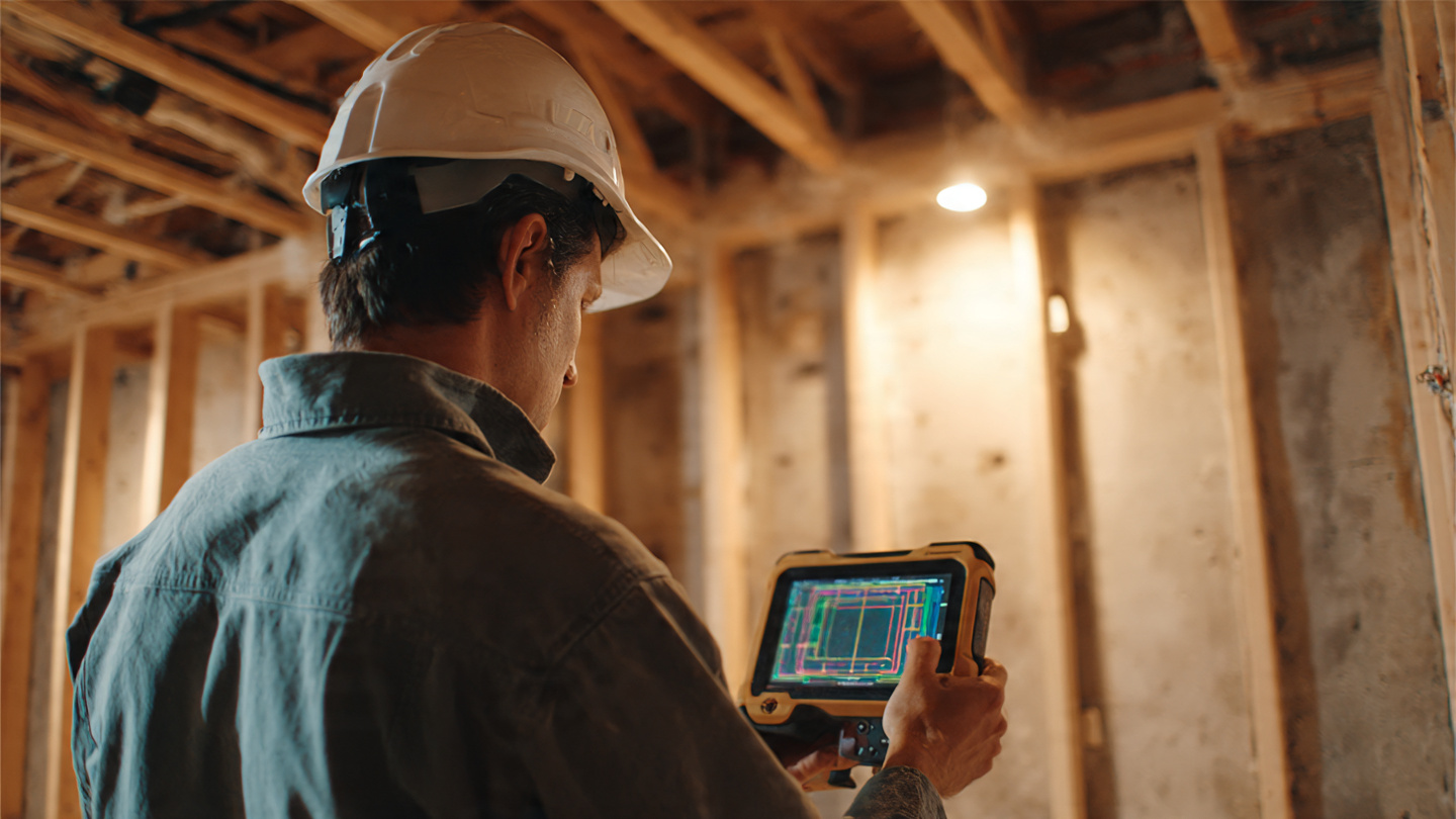Technician scanning a finished wall with a handheld ground-penetrating radar device, colored radar data visible on a tablet screen