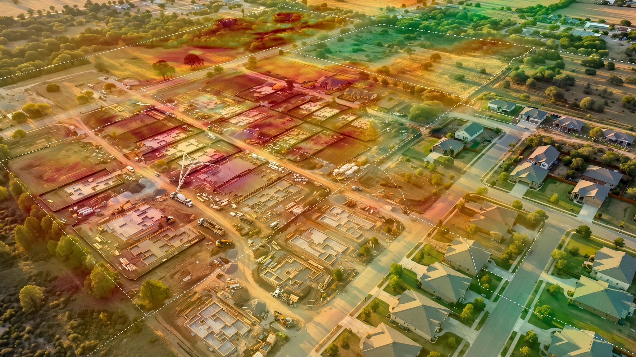 A colorized geological map layered over a suburban housing development, showing radon risk zones that don't align with county boundaries