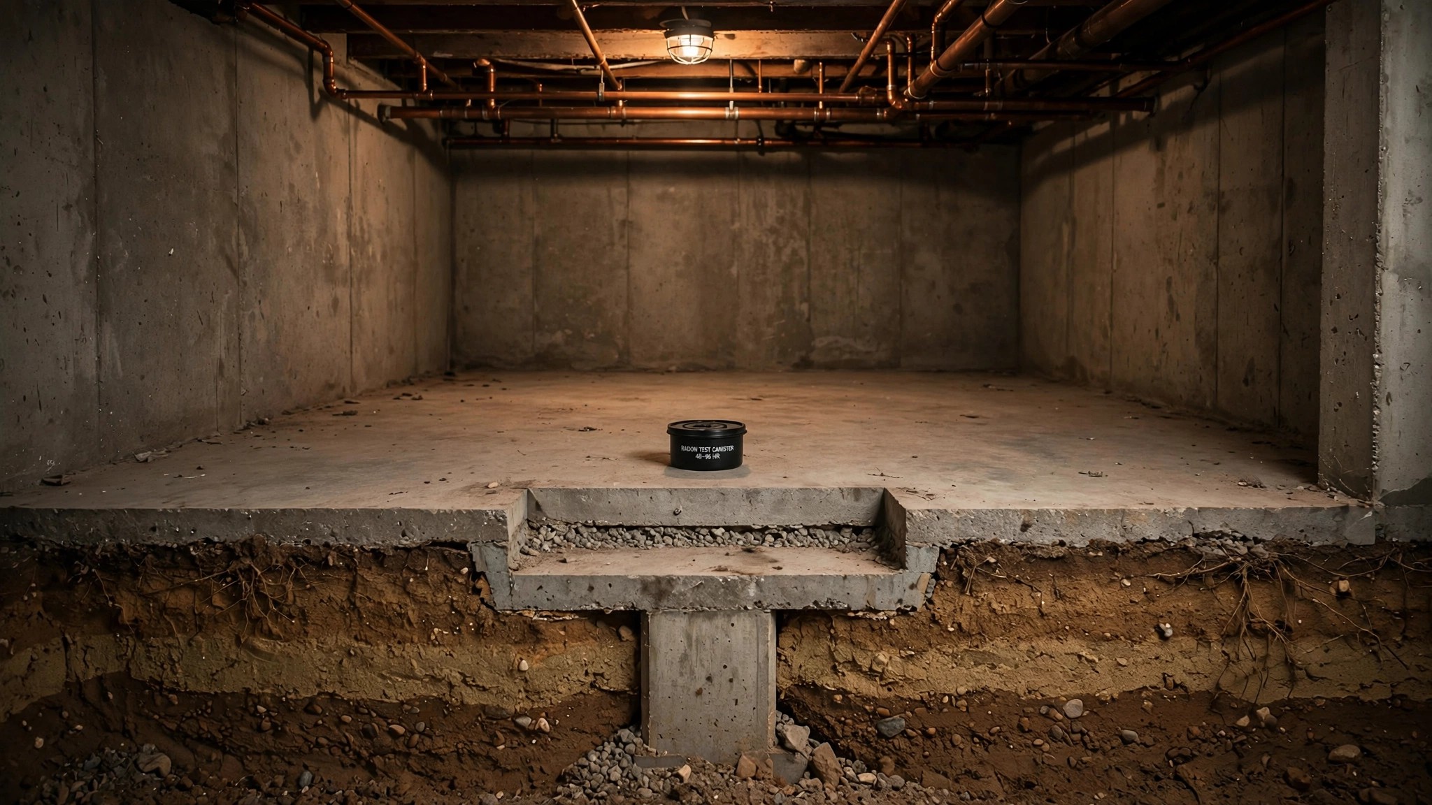 Basement foundation of a residential home with visible concrete slab and a radon test kit placed on the floor