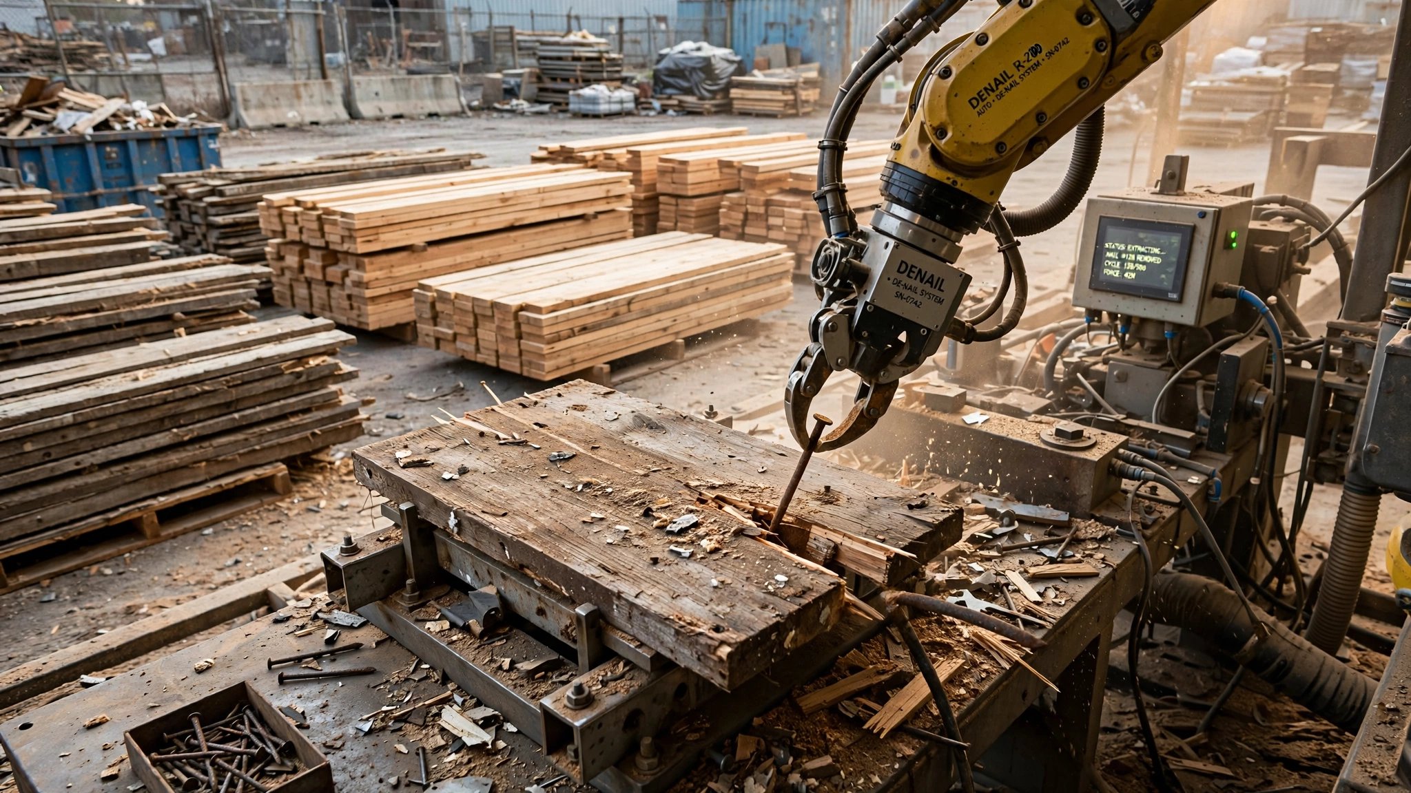 A robotic arm extracting nails from reclaimed lumber at a demolition site, with stacks of processed wood in the background