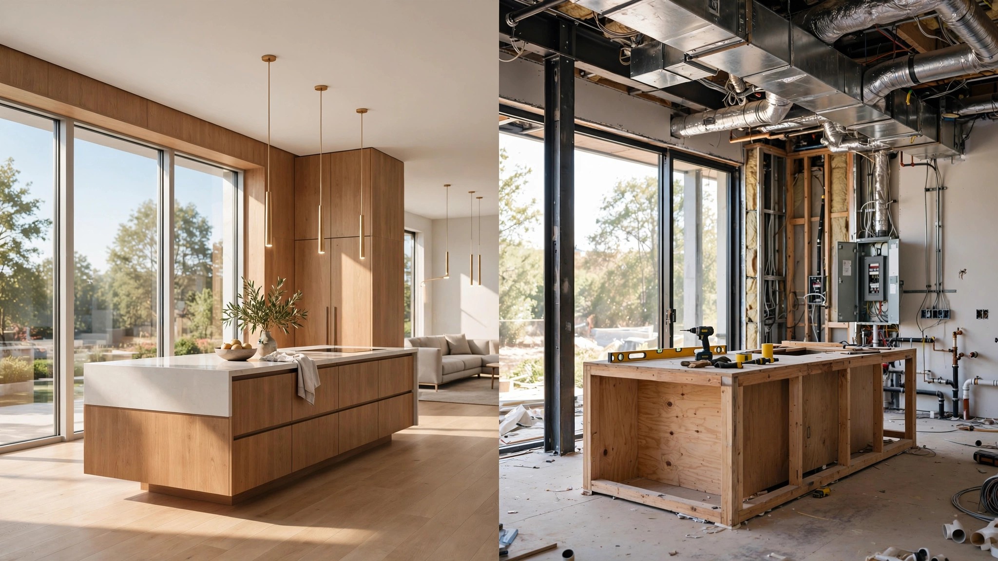 A photorealistic AI rendering of a modern open-plan home interior, next to the same space under construction with exposed structural columns and ductwork