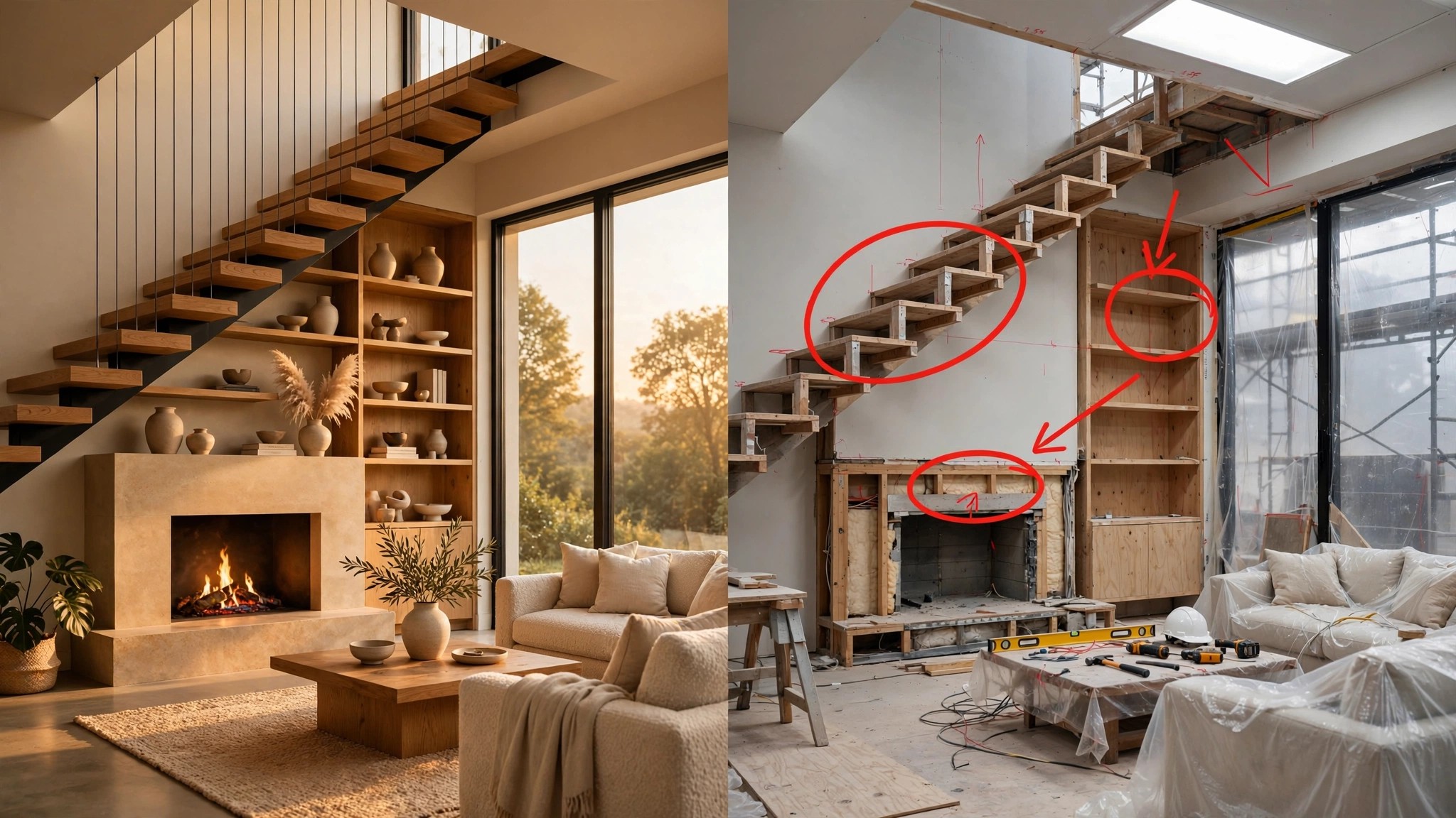 A photorealistic AI-generated living room rendering with a floating staircase that has no visible structural support, beside an architect's red-lined markup showing load-bearing requirements