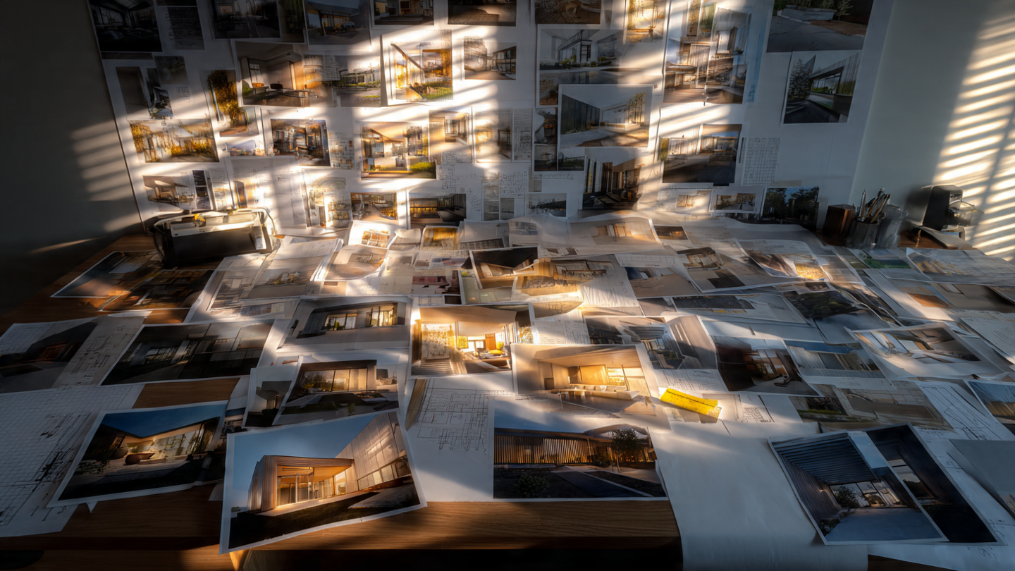 Multiple architectural renderings of different houses arranged in a grid, all sharing eerily similar warm lighting, white oak interiors, and minimalist Scandinavian aesthetics