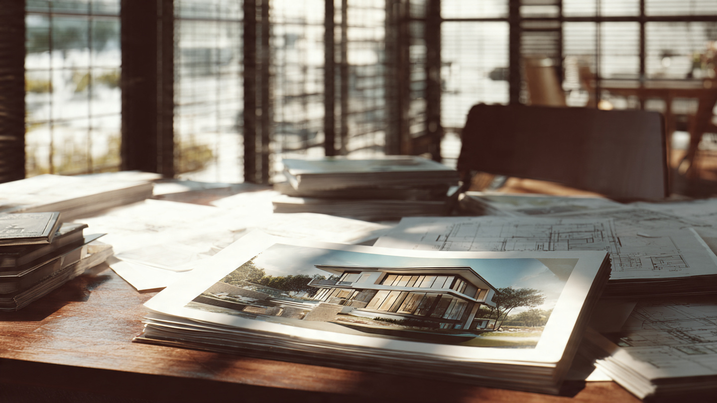 A glowing architectural render of a modern house with dramatic floating stairs and glass walls, slightly distorted, next to a construction site with framing lumber