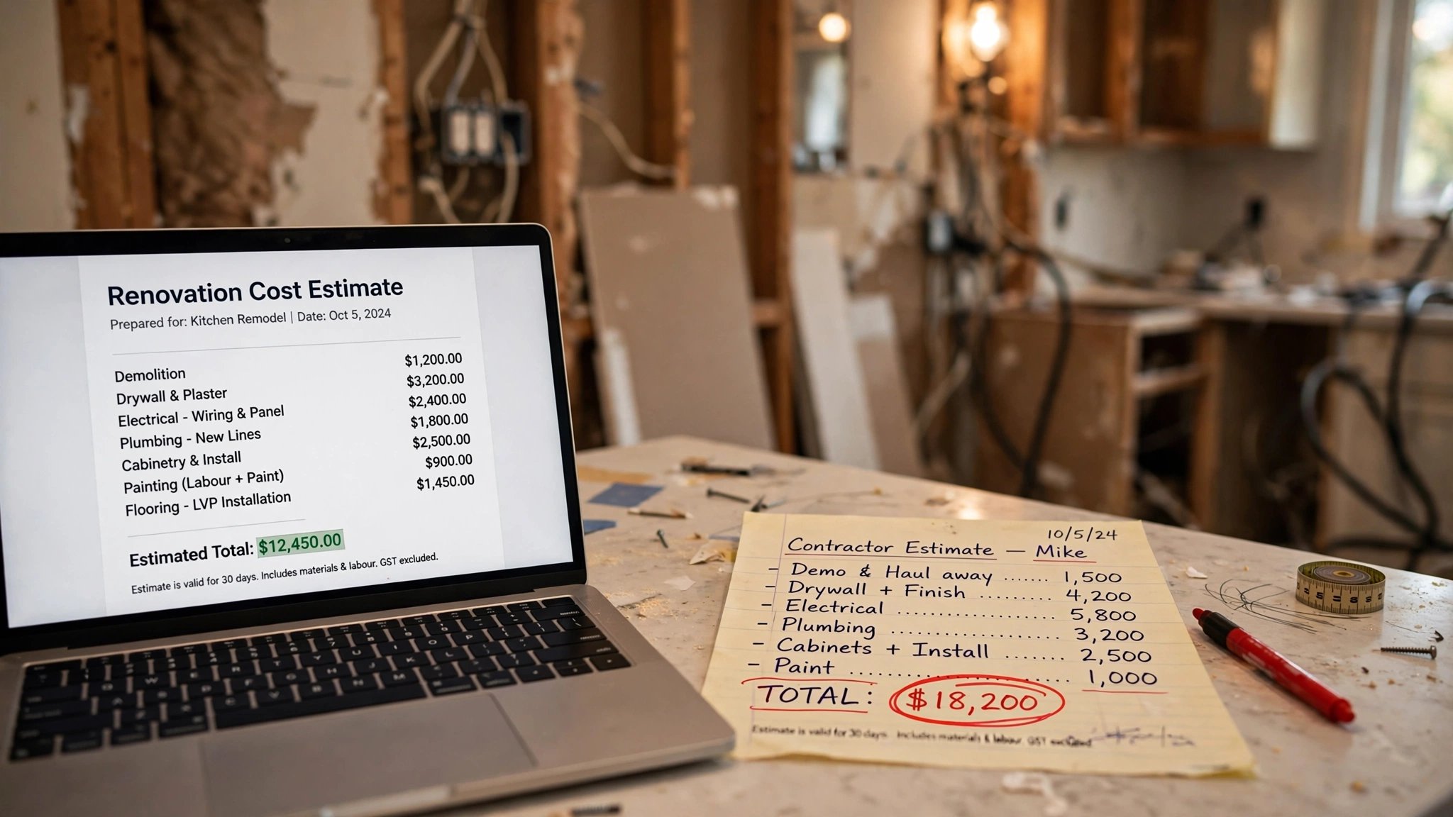 Laptop showing a renovation cost estimate next to a contractor's handwritten quote on paper, in a kitchen with exposed drywall and wiring