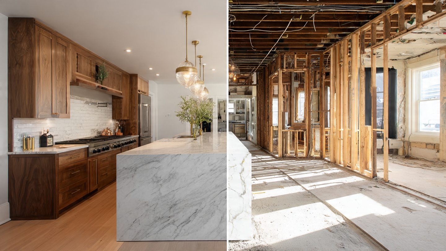 Split view of a luminous AI-generated kitchen render beside the same kitchen mid-renovation with exposed plumbing and framing