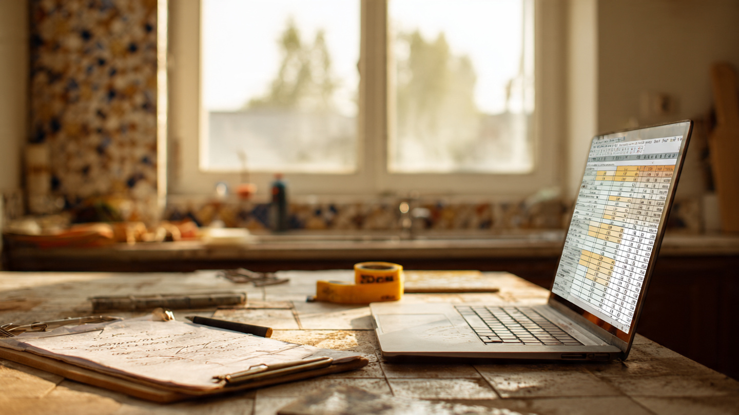 A kitchen counter with a laptop showing repair estimates next to handwritten contractor notes, a tape measure, and a cracked tile sample