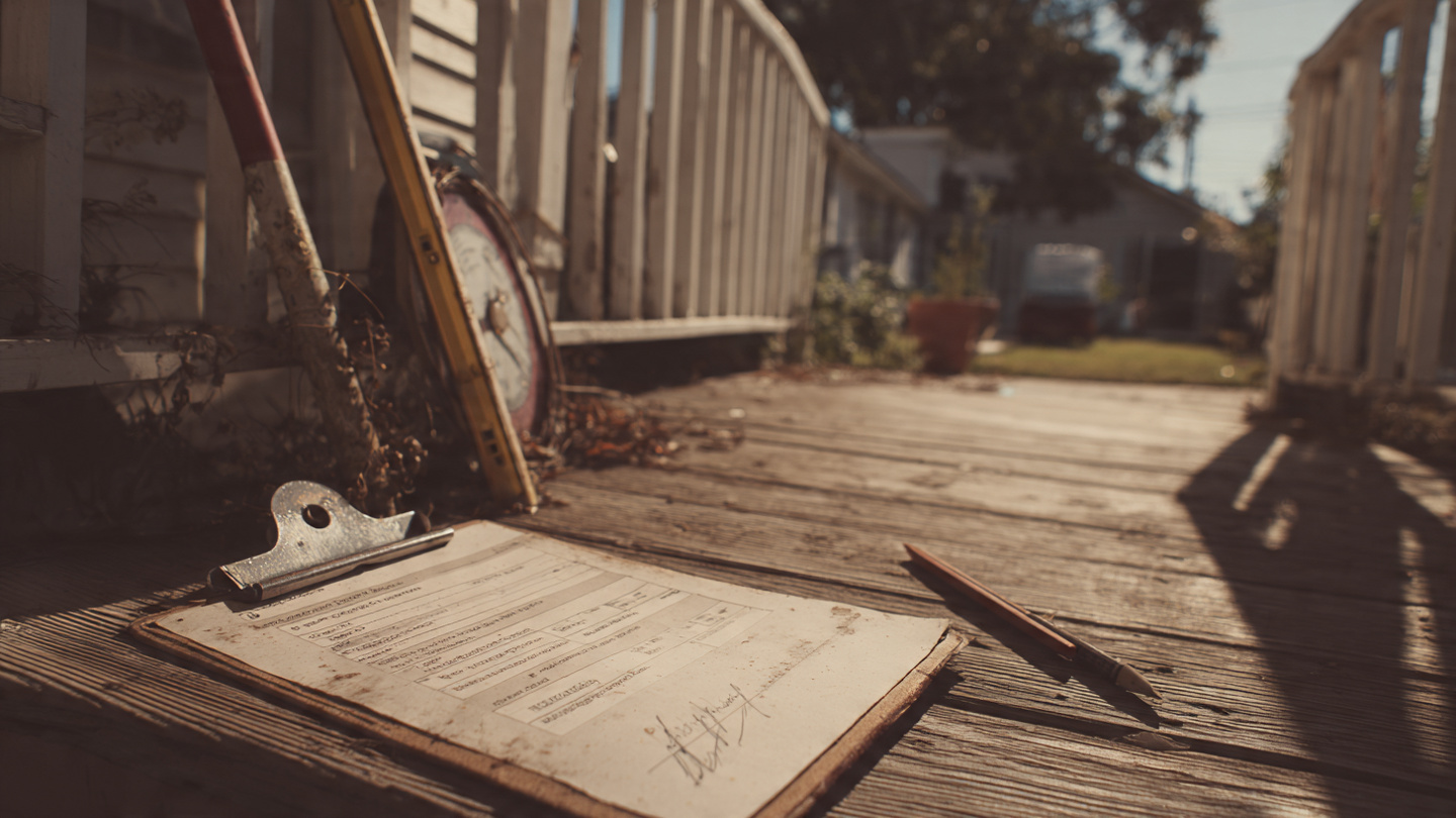 An empty residential driveway with a clipboard left on the front steps and no appraiser in sight