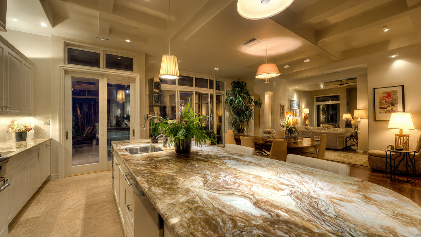 Warm afternoon light falling unevenly across a modern kitchen counter, a single recessed can casting a harsh circle on the wall while the workspace below sits in shadow