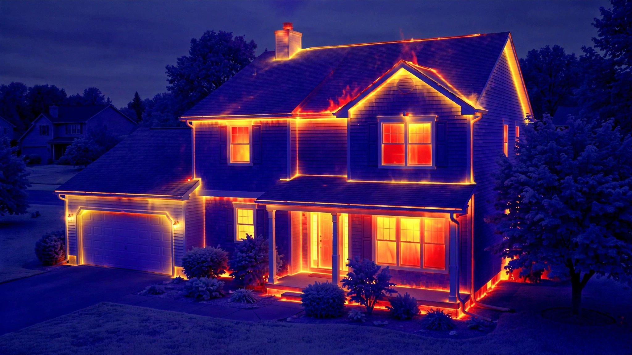 Thermal imaging scan of a residential house showing heat loss patterns in blue, yellow and red