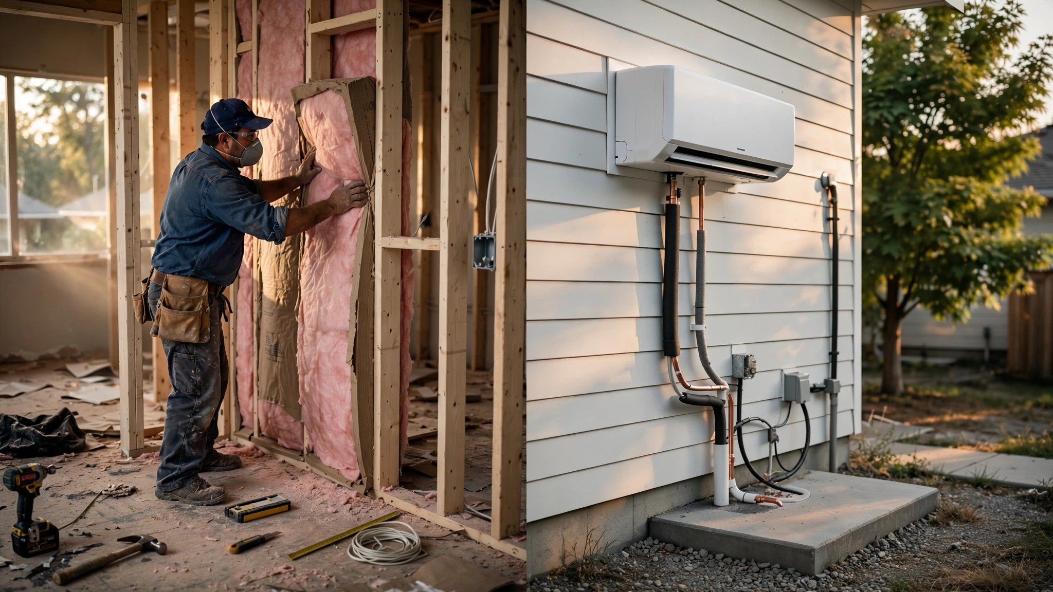 A split view of a home interior showing pink fiberglass insulation being installed in wall cavities on one side and a modern heat pump unit mounted on the exterior wall on the other side, warm afternoon light through the windows