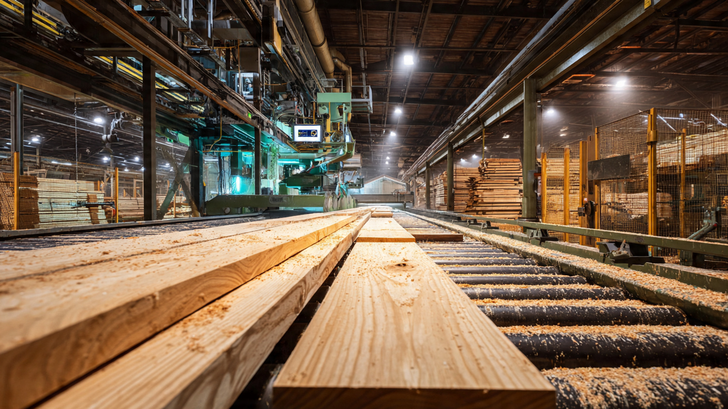 Interior of a modern sawmill with AI camera systems mounted above a fast-moving lumber conveyor belt, analyzing freshly cut boards
