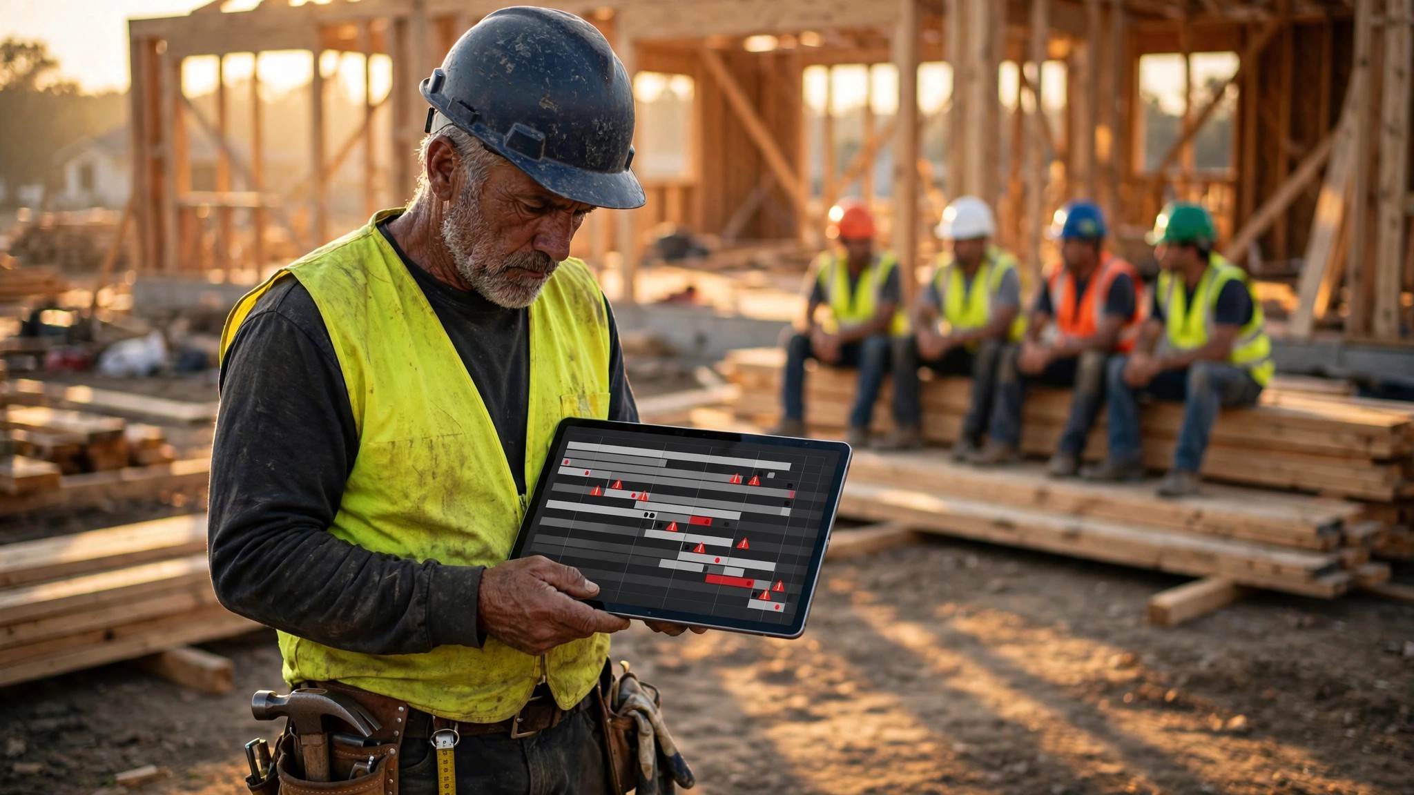 A project superintendent studying a Gantt chart on a tablet at a residential construction site while crews wait in the background