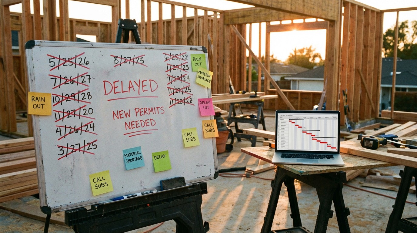 A weathered construction schedule whiteboard on a job site with sticky notes showing delayed tasks, a laptop open to an AI scheduling tool in the background