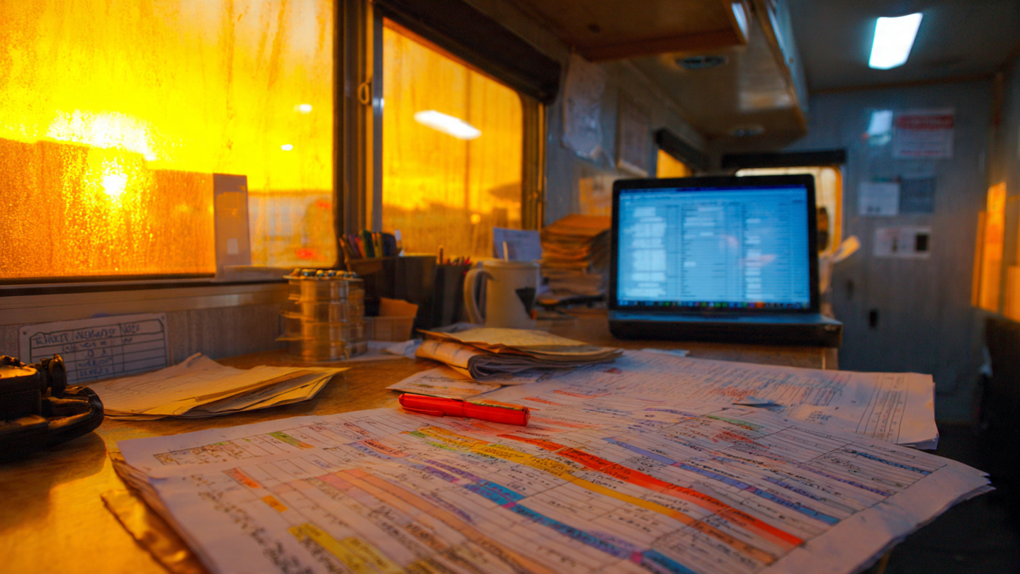 A construction Gantt chart on a monitor with red warning indicators across most task rows