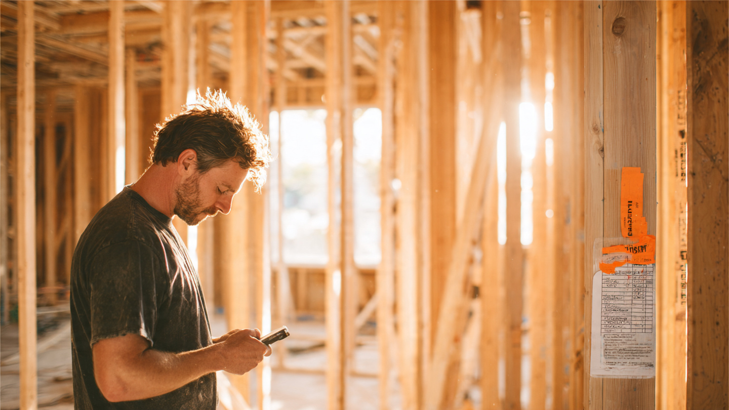 A residential construction site with framing complete, orange inspection notice taped to a stud, a scheduling Gantt chart on the wall showing a long red bar labeled Waiting for Inspection